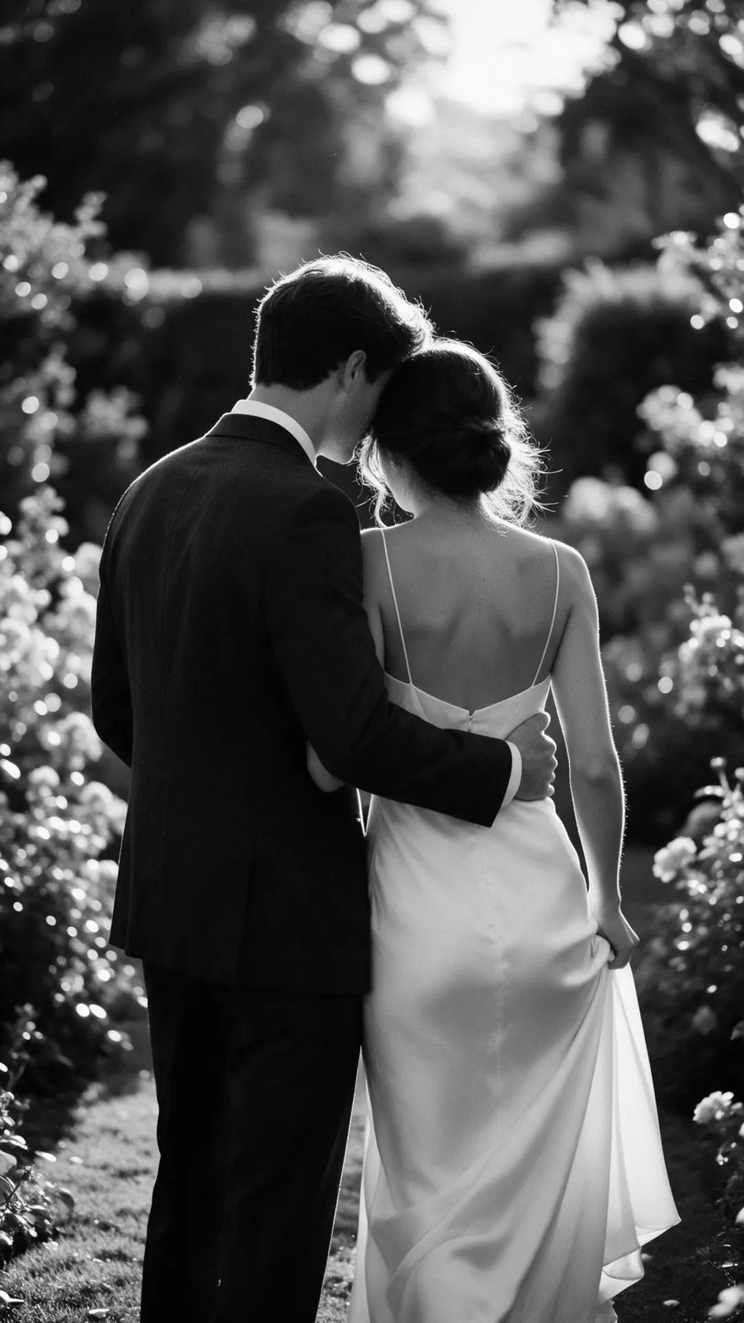 Casal de costas caminhando num jardim ao fim da tarde